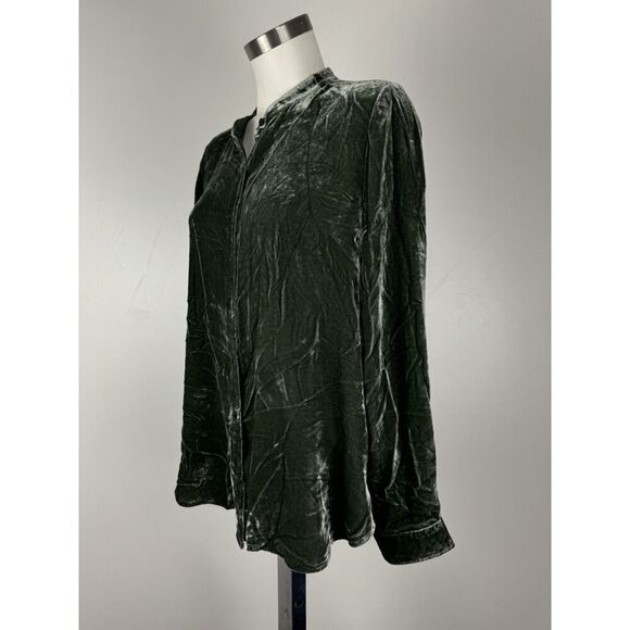 Eileen Fisher Green Size Petite Large Velvet Crinkle Front Button Top Silk Blend - Picture 2 of 5